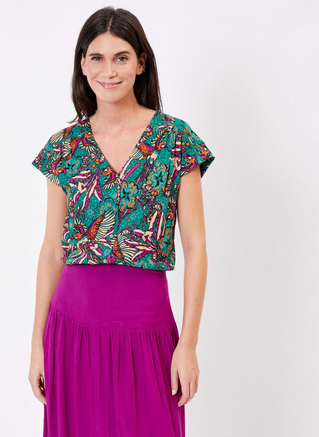 Blouse Valeria imprimé vert et fuchsia en Ecovero