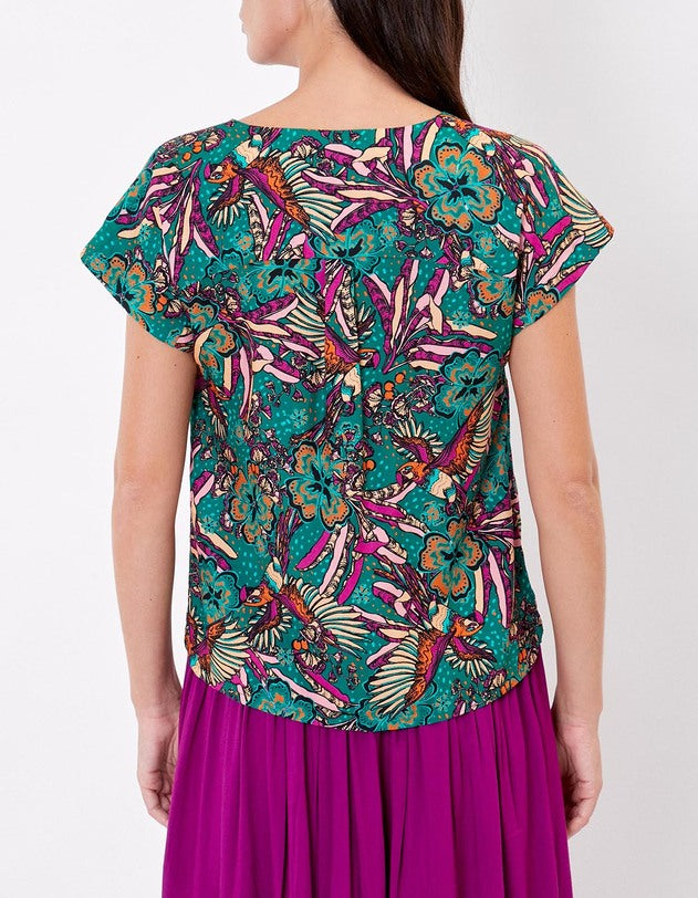 Blouse Valeria imprimé vert et fuchsia en Ecovero