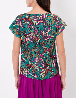 Blouse Valeria imprimé vert et fuchsia en Ecovero