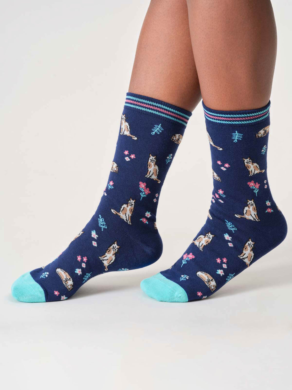 Chaussettes chats fond bleu marine en coton bio
