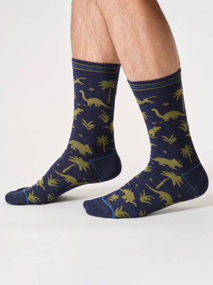 Chaussettes-dinos-kakis-fond-bleu-foncé-coton-bio-Thought