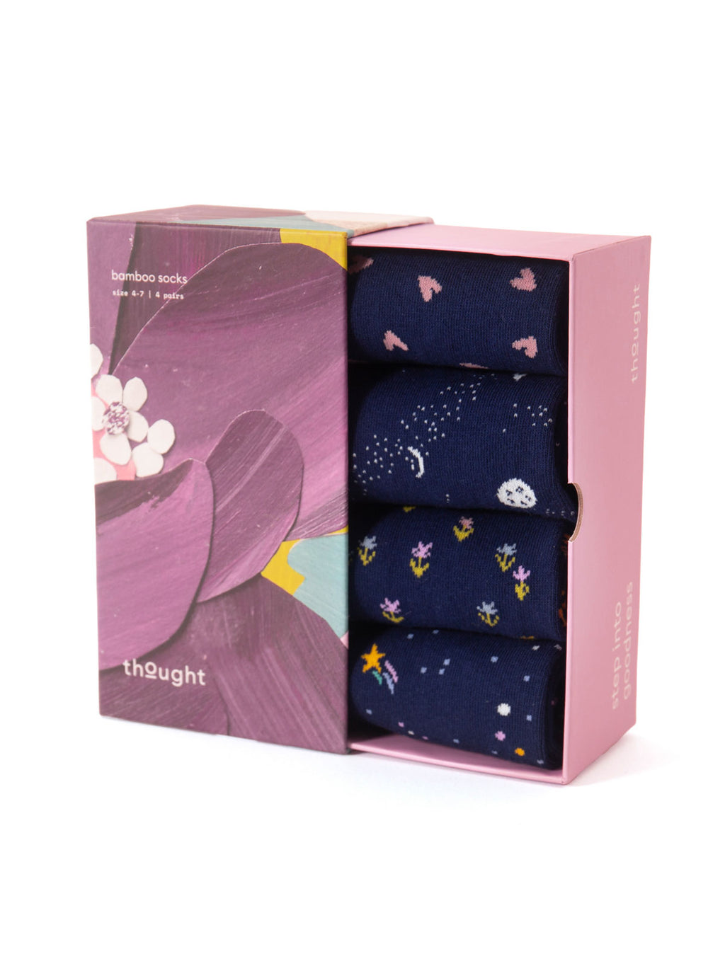 Coffret-4-paires-chaussettes-femm-bambou-coton-bio-thématique-étoiles-petites-fleurs-coeurs-Thought
