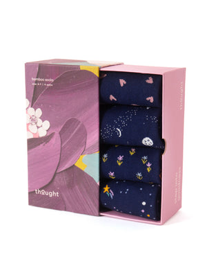 Coffret-4-paires-chaussettes-femm-bambou-coton-bio-thématique-étoiles-petites-fleurs-coeurs-Thought