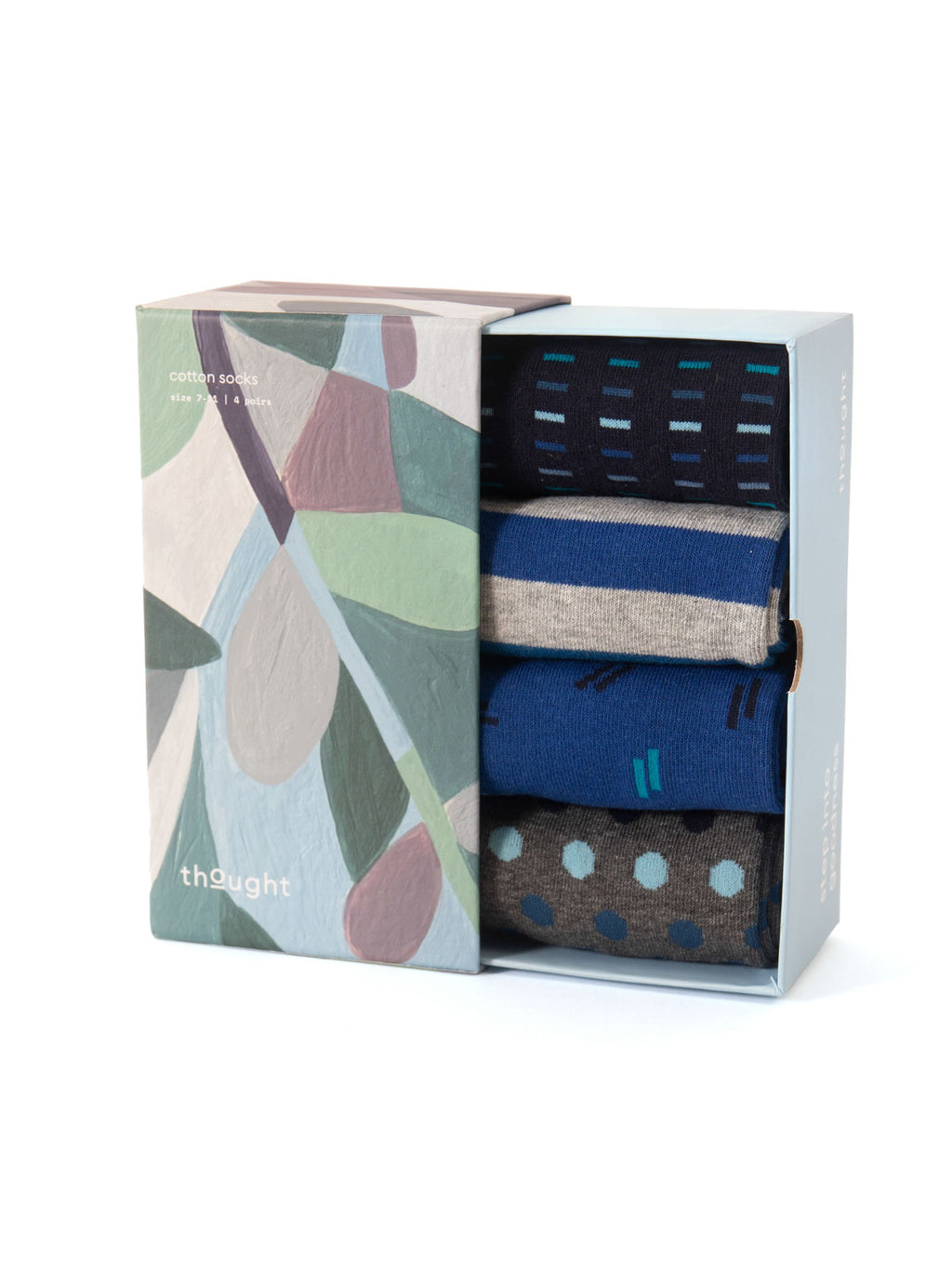 Coffret-chaussettes-coton-bio-pour-homme-tons-bleu-gris-motifs-rayures-traits-pois-marque-Thought