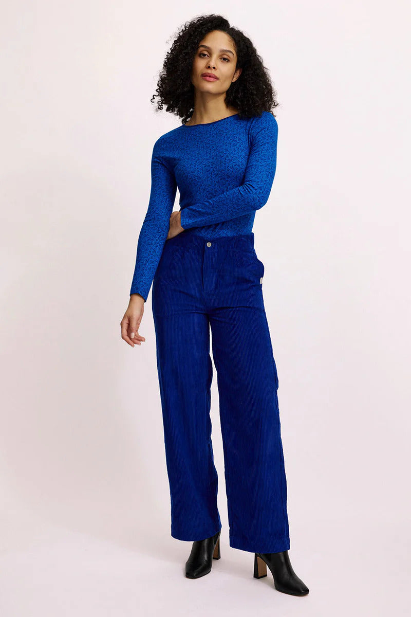 Pantalon bleu en velours côtelé de coton bio