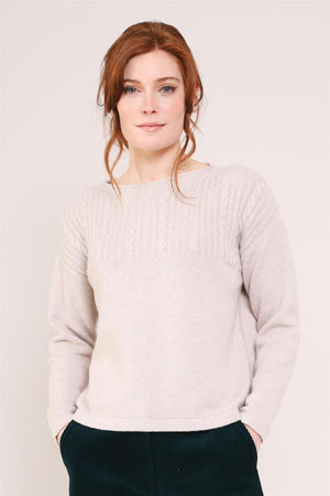 Pull torsades beige sable laine et coton