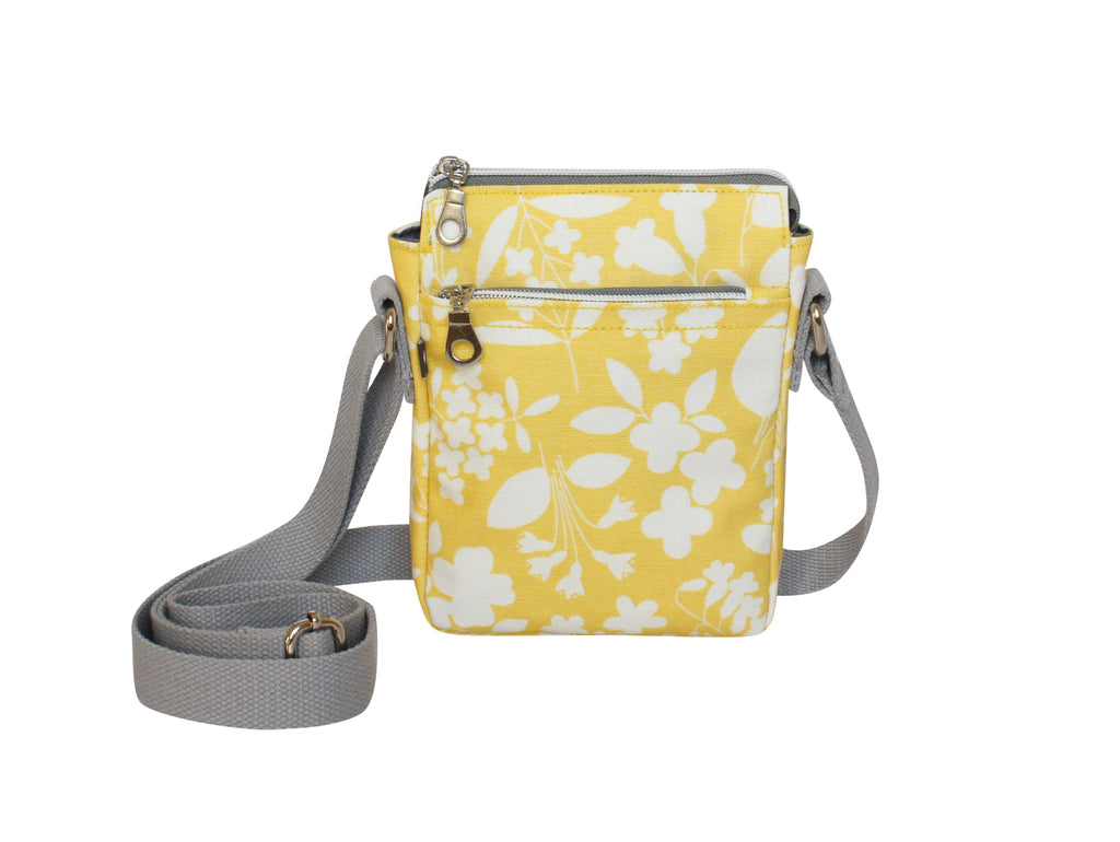 Sac bandoulière téléphone jaune motif floral en coton ciré