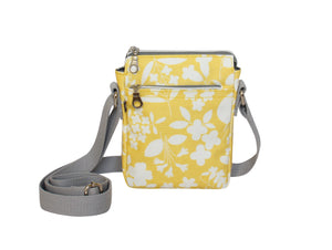 Sac bandoulière téléphone jaune motif floral en coton ciré