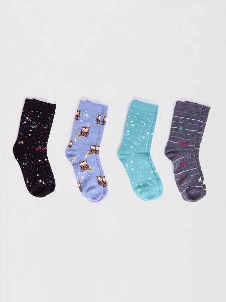 4-paires-chaussettes-coton-bio-bambou-thème-nuit-étoiles-chouettes-tons-bleus-gris-noir-thought-marque-mode-éthique