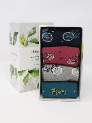 coffret-cadeau-4-paires-chaussettes-motif-bicyclettes-fleurs-coton-bio-marque-éthique-anglaise-Thought
