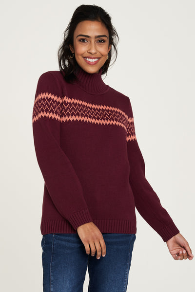 Pull rhubarbe en maille de coton bio avec zigzag jacquard Le